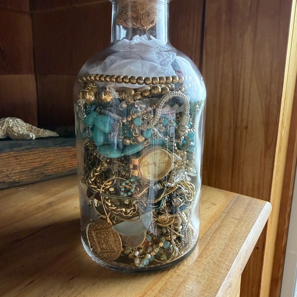 Decorative Clear Glass Jar Filled with Gold & Turquoise Jewelry